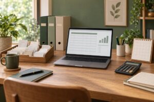 個人事業の領収書と会計記録を整理する机のイメージ