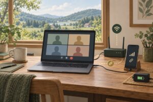 リモート制作の固定回線と予備のモバイル回線を用意した机のイメージ