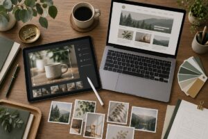 デザイン画面と商品写真を使い分ける制作の机のイメージ