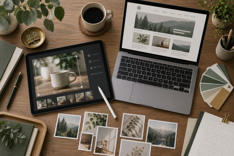 デザイン画面と商品写真を使い分ける制作の机のイメージ