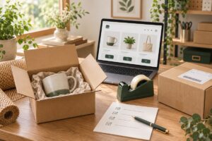ネットショップの注文と商品の梱包を準備する机のイメージ