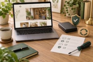 WordPressの更新とバックアップを確認するパソコンのイメージ