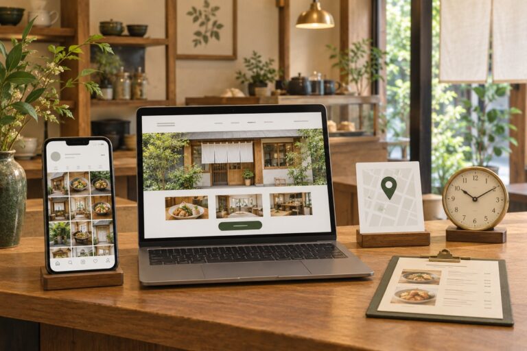 店舗サイトとSNS、地図、営業時間を整理するイメージ