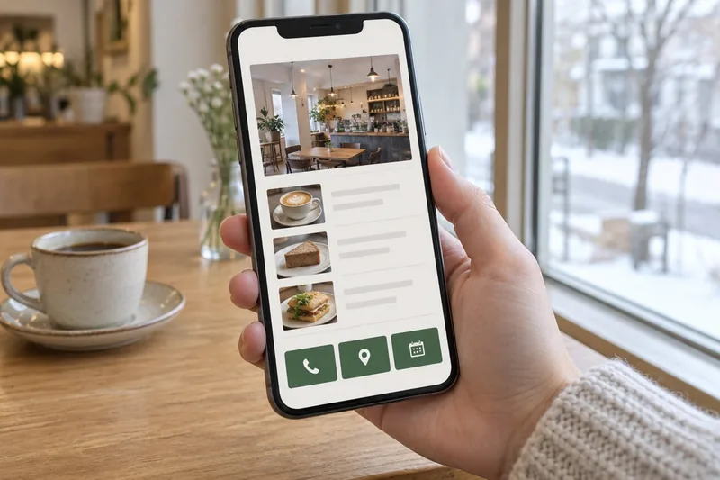 スマートフォンでお店の案内と電話・地図・予約先を確認するイメージ
